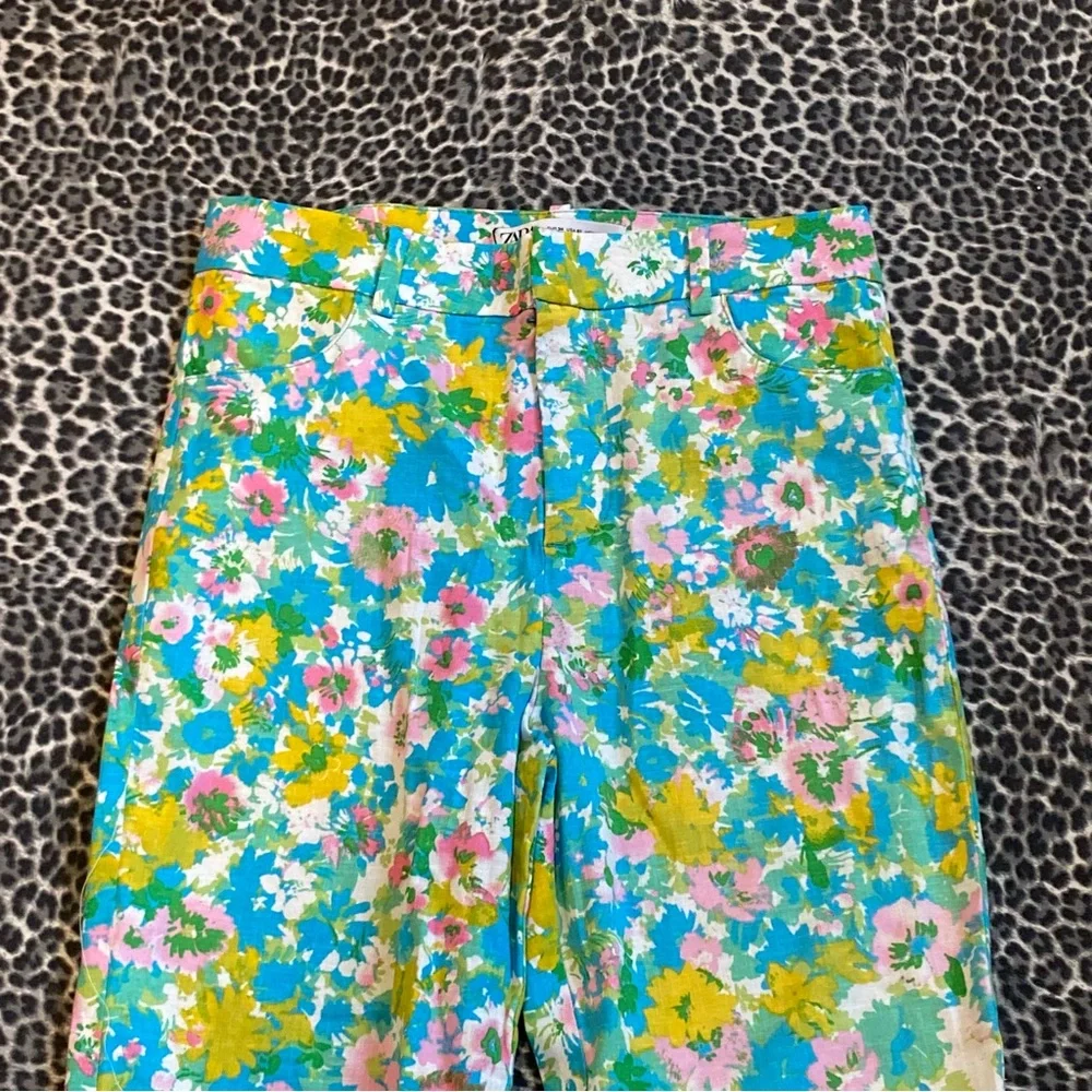 Zara Blue Green Pink Floral Linen Crop Pants Sz 2 NWT